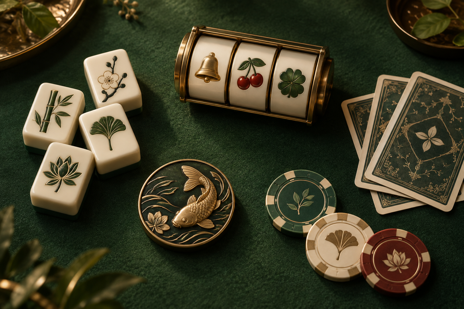 Gulungan slot, ubin mahjong, kartu, dan keping di meja kasino hijau